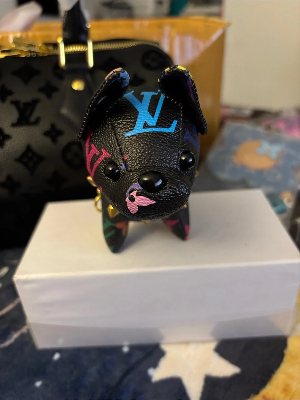 Brand New !  Multicolor Monogram Leather Dog Charm - Black